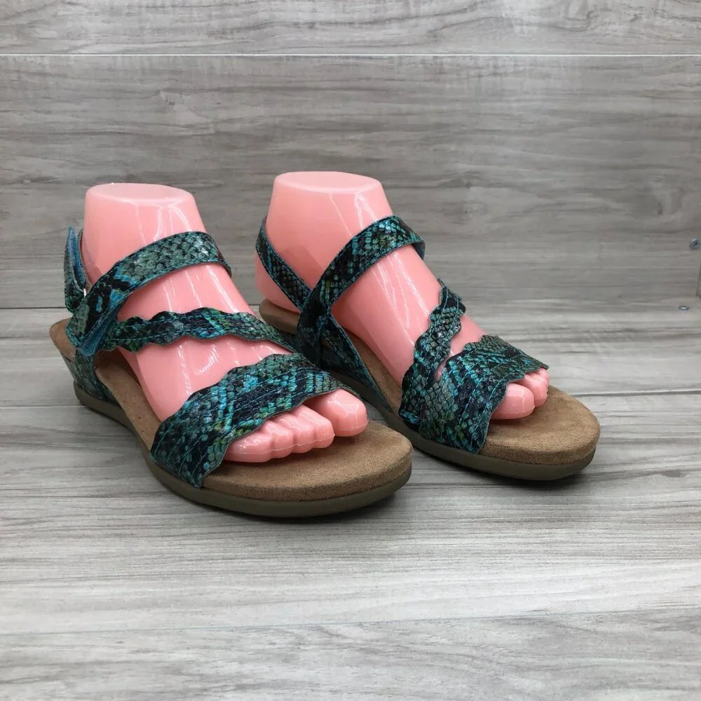 Earth Origins Sandals Womens 7M Poppy Teal Hook and Loop Wedge Shoes